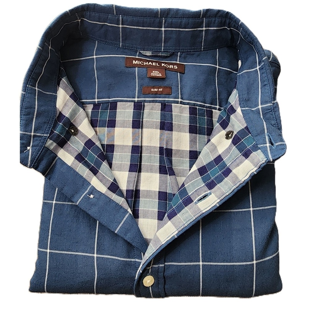Michael Kors Mens XXL Slim Fit Blue Check Button Down Shirt Long Sleeve